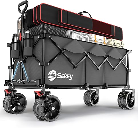 Photo 1 of **SEE NOTES** Sekey 48''L Collapsible Foldable Extended Wagon with 440lbs Weight Capacity, Heavy Duty 300L Folding Utility Garden Cart with Big All-Terrain Beach Wheels & Drink Holders. Grey
