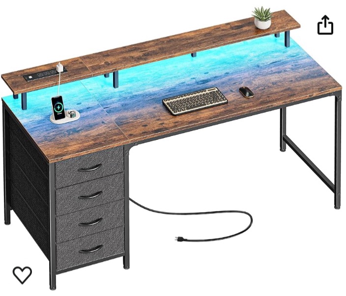 Photo 1 of Huuger 55 Inch Computer Desk with Power Outlets and LED Lights, Gaming Desk with 4 Drawers, Office Desk with Monitor Stand, Study Desk Work Desk for Home Office, Rustic Brown