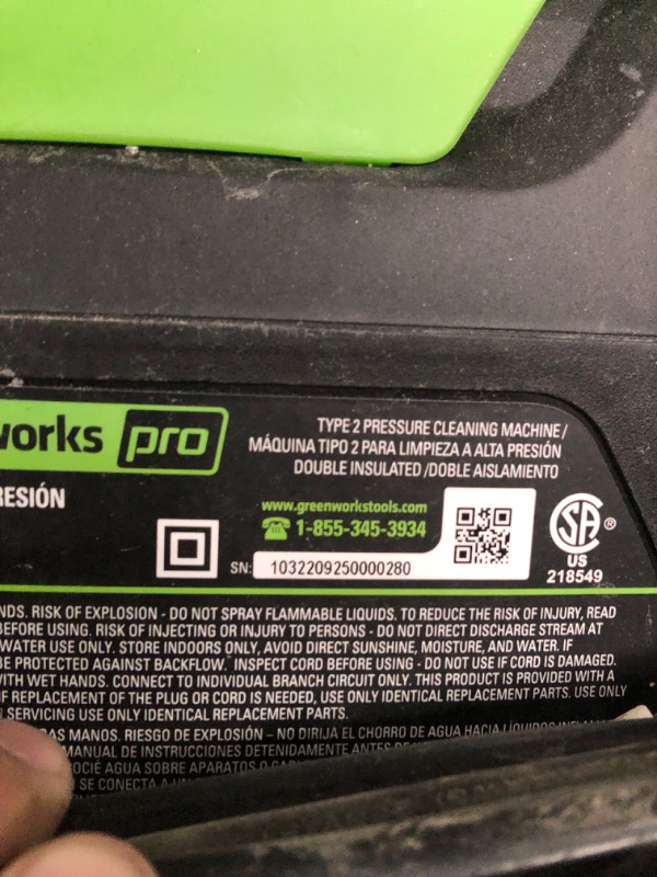 Photo 4 of ***SEE NOTES*** Greenworks Pro 3000 PSI 2-Gallons Cold Water Pressure Washer 
