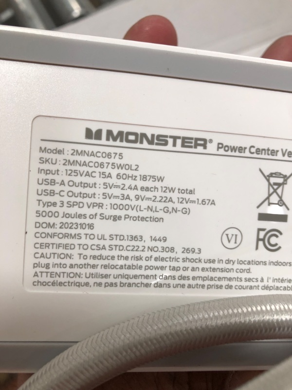 Photo 3 of Monster Power Center Vertex XL Surge Protector with Detachable USB Power Strip , Surge Protector Power Strip with 10 AC Outlets, 2 USB-A Ports & 1 USB-C Port (20W) White Power Vertex XL