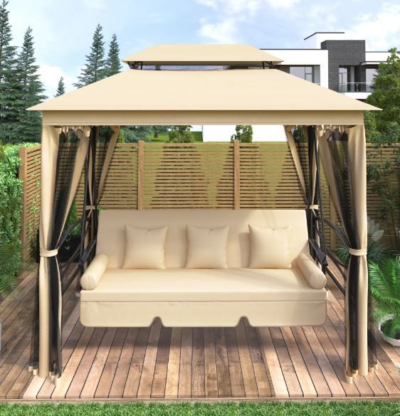 Photo 1 of **INCOMPLETE**Dcenta 8.9 Ft. W x 5.9 Ft. D Gazebo with Convertible Swing Bench, Double Roof Soft Canopy Garden Backyard Gazebo with Mosquito Netting Suitable for Lawn, Garden, Backyard
