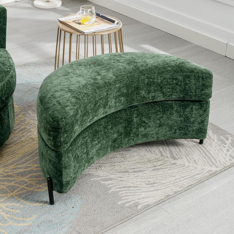 Photo 1 of 32.7"W Chenille Upholstered Storage Bench Large Ottoman With Tray Serve As Side Table, Half Moon Shape Soft Padded Dressing Shoe Bench Foot Stool For Living Room/Entryway/Hallway(Green Chenille)
