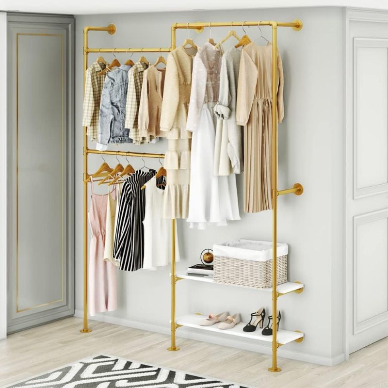 Photo 1 of Gold  Clothing Rack, Clothes Rack for Wardrobe, Bedroom and as walk-in Closet System, Double Hanging Rods Clothes Rack with Shelves,Heavy Duty Clothes Rack Wall Mounted(Gold)