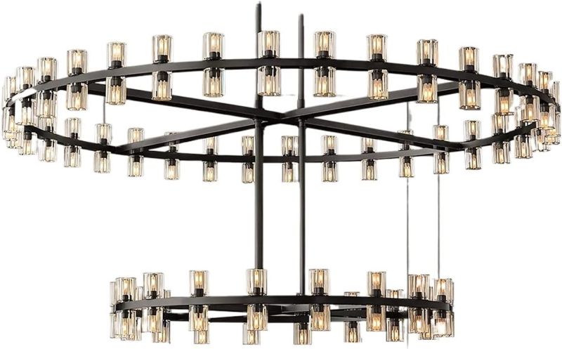 Photo 1 of (incomplete item)(missing smaller tear) LED Round Chandeliers Modern Double Tiers Chrome Black Metal Crystal Lights