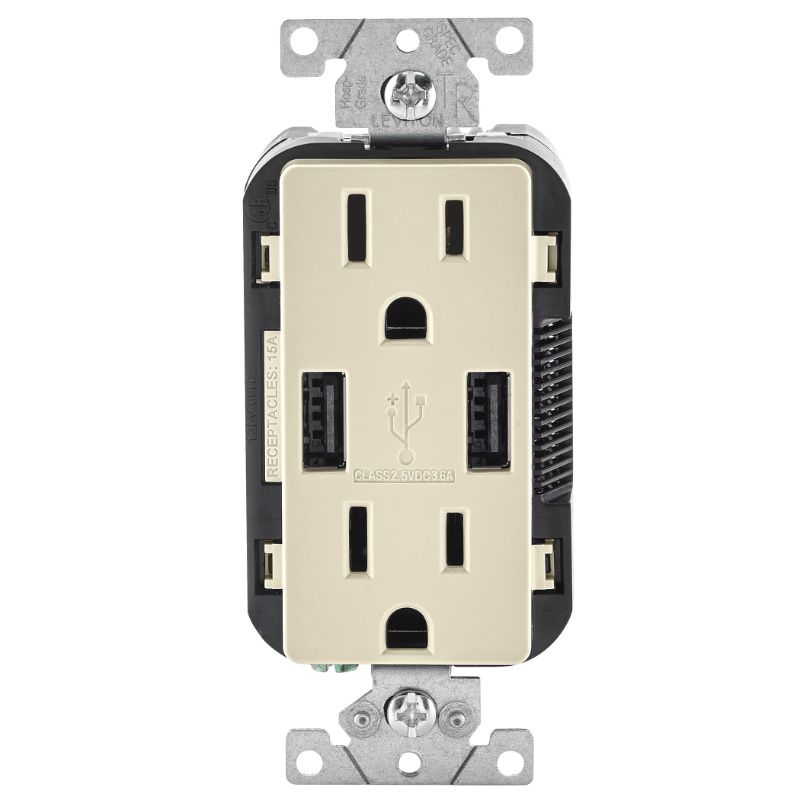 Photo 1 of **BUNDLE OF 2, Leviton Decora 15 Amps 125 V Duplex Light Almond Outlet and USB Charger 5-15 R 1 Pk
