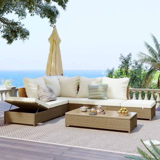 Photo 1 of **SEE NOTES**Outdoor Brown 3-Piece Wicker Outdoor Patio Conversation Seating Set with Beige Cushions
(BOX 3 ONLY!)