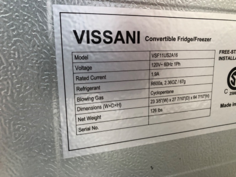 Photo 7 of (Parts only) Vissani
11 cu. ft. Convertible Auto Defrost Garage Ready Upright Freezer/Refrigerator in Stainless Steel, Energy Star