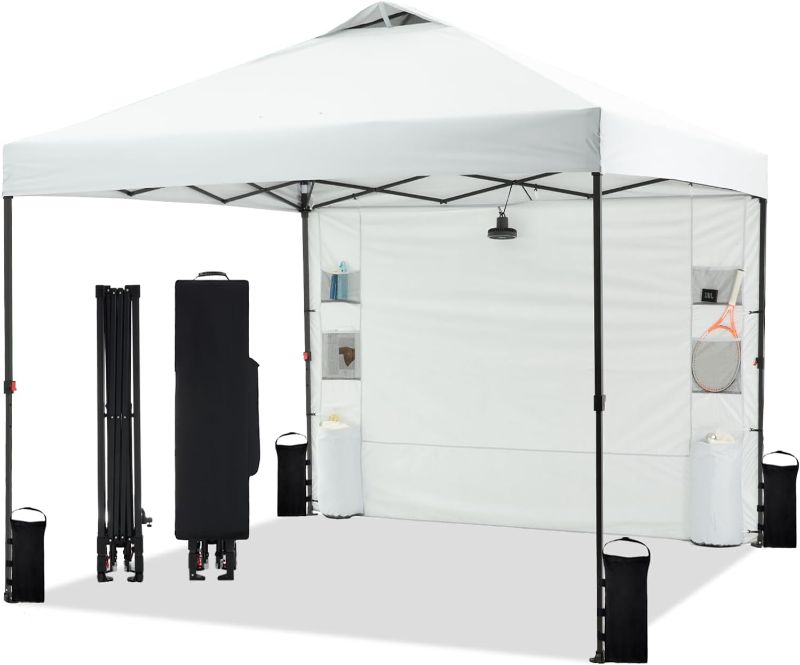 Photo 1 of 10'x10' Pop Up Canopy Tent with Sidewall and 6 Pockets, Patented One Push, Instant Shade Canopy with Vented Roof for Patio Outdoor, Case, 8 Stakes, 4 Ropes, 4 Sandbags (White)
