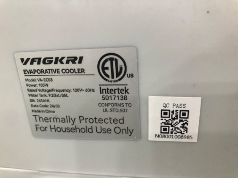 Photo 2 of **SEE NOTES**VAGKRI Evaporative Air Cooler, 2200CFM Swamp Cooler, 120°Oscillation Air Cooler with Remote Control, 24H Timer, 3 Modes & Wind Speeds for Outdoor Indoor Use, 9.2Gallon Evaporative Cooler