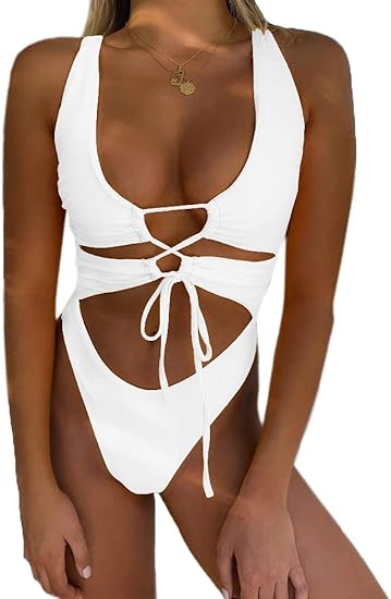 Photo 1 of CHYRII Women's Sexy Cutout Lace Up Backless High Cut One Piece Swimsuit Monokini medium
