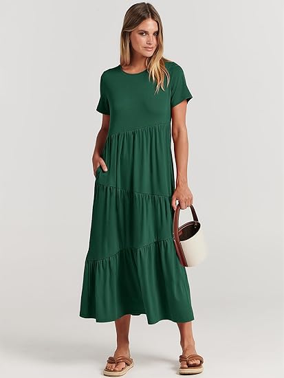 Photo 1 of ANRABESS Women Summer Maxi Dress Short Sleeve Swing Casual Asymmetric Tiered Vacation Long Beach Sundress Outfits LARGE
