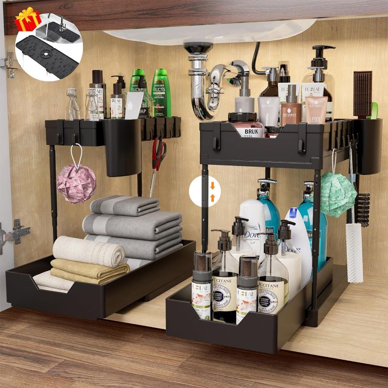 Photo 1 of 2 Sets of 2 -Tier Multi-Purpose Under Sink Organizer and Storage, Adjustable Height Pull Out Under Sink Kitchen Bathroom Cabinet with 8 Hooks and 2 Hanging Cup, Kitchen Sink Splash Guard