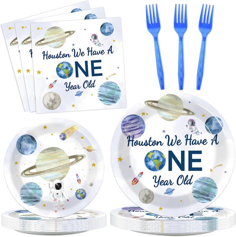 Photo 1 of 96PCS Outer Space 1st Birthday Party Plates and Napkins Houston We Have a One Year Old Party Supplies Space Theme First Birthday Tableware Set Serves 24 Guests First Trip Around The Sun Decorations
