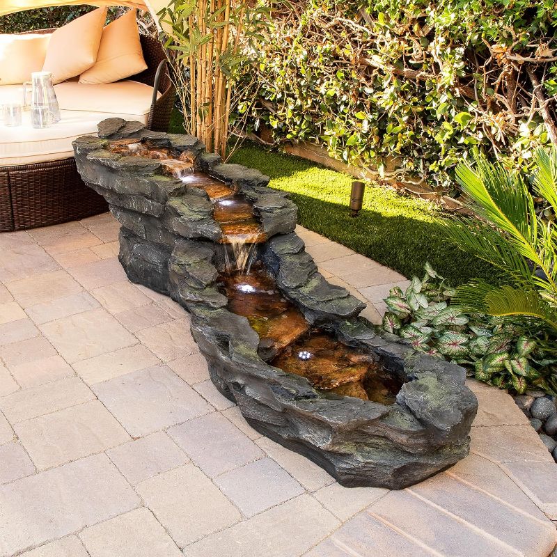 Photo 1 of (READ FULL POST) Alpine Corporation 76" Long Outdoor Tiering Rocky River Stream Water Fountain with LED Lights
