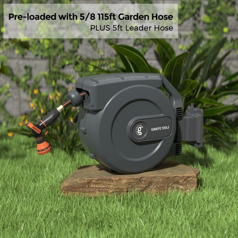 Photo 4 of (READ FULL POST) Giraffe Tools AW505/8 Retractable Garden Hose Reel 5/8" x 115+5 ft, Heavy Duty Wall Mounted Water Hose Reel Automatic Rewind, 180 Deg Swivel Bracket, Slow Retraction, 115ft, Dark Grey
