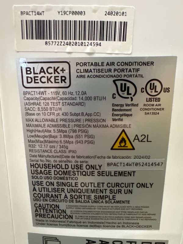 Photo 7 of **SEE NOTES** BLACK+DECKER BPACT14WT 7 700 BTU SACC/CEC (14 000 BTU ASHRAE) Portable Air Conditioner for Rooms up to 700 Sq. Ft.