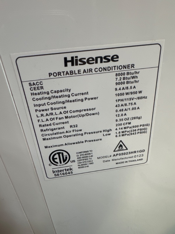 Photo 7 of **SEE NOTES** REFURBISHED Hisense Smart SACC 8,000 BTU Portable Air Conditioner & Heating 4 Modes - WiFi, Remote, Alexa,Google iOS,Android, Voice Controller App & Dual Hose Heat Pump,550 sq.ft. Fast Cooling White 550 Cubic Feet