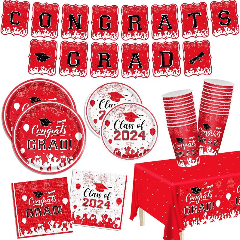 Photo 1 of **USED LIKE NEW**Graduation Decorations Class of 2024 Black Graduation Party Supplies Disposable Paper Plates Napkins Cups Tablecloth Banner Dinnerware Set for College High School Grad Party Decorations Serve 24