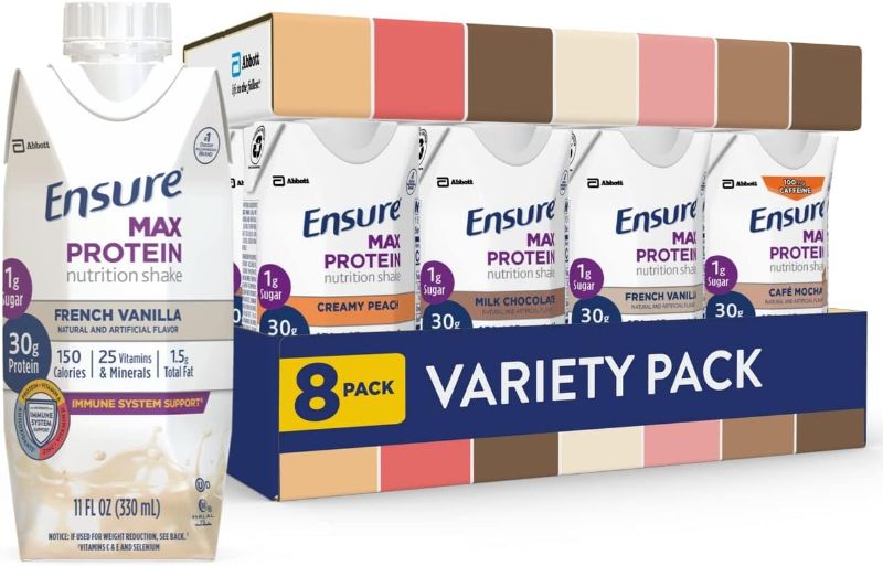 Photo 1 of ** Exp 7/1/24**
Ensure Max Protein Nutrition Shakes, Variety Pack, With 30g of Protein, 1g of Sugar, Nutrients to Support Immune System Health, High Protein Shake, 11 fl oz, Gluten Free, Pack of 8, Liquid