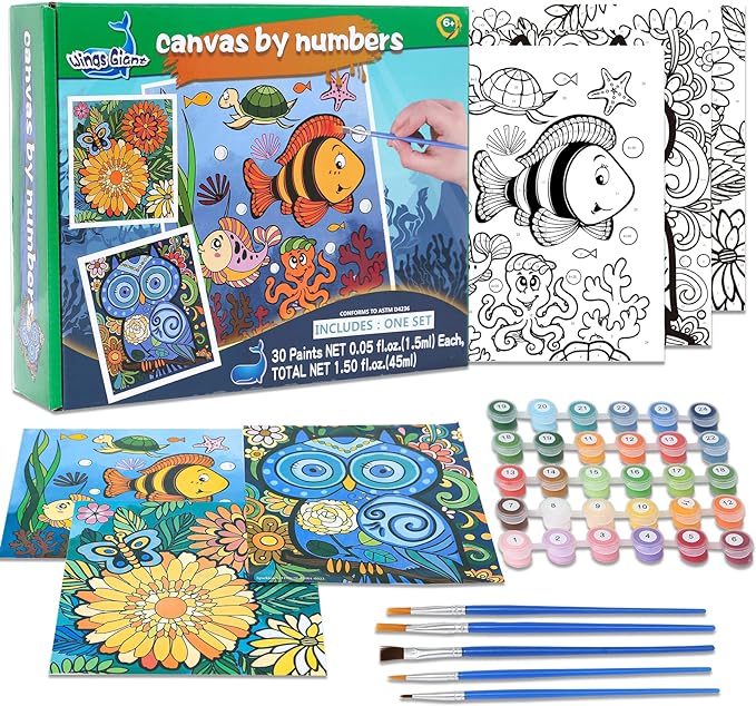 Photo 1 of 3 Pack Paint by Numbers for Kids Ages 8-12, Pre-Printed Acrylic Oil Painting, Includes (8x10, 8x9, 8x8 inch) Framed Canvas with 30 Acrylic Paint Pots, 5 Brushes for Kids, Art Supplies for Kids 9-12