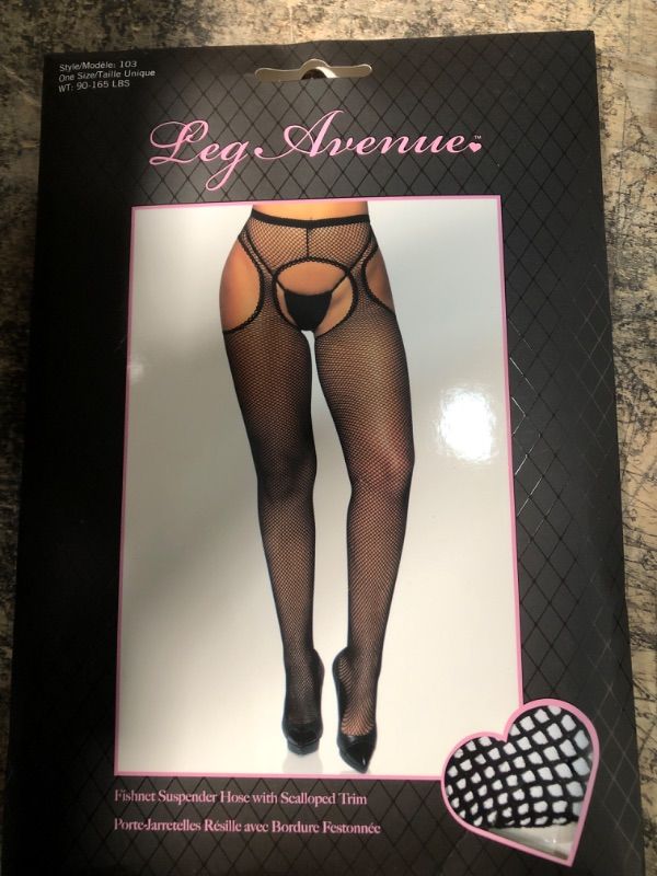 Photo 2 of Leg Avenue Womens Fishnet Suspender Hose with Scalloped Trim, O/S, Black