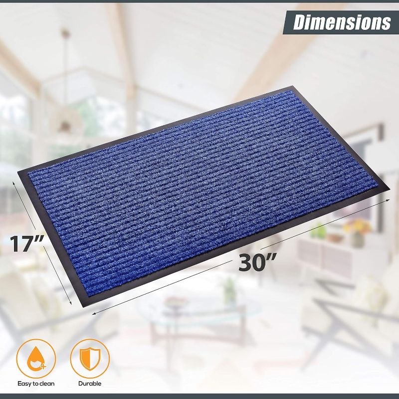 Photo 1 of  Front Door Mat Ribbed Blue - Indoor Outdoor Floor Doormat Entryway Welcome Mats - Entrance Shoe Scraper, Entry Inside Outside Garage Traffic Utility Porch Area, 30" x 17"
