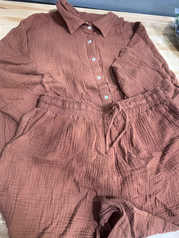 Photo 1 of Brown 2piece set oversized button up tshirt with shorts size large 