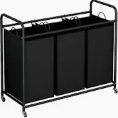 Photo 1 of  3-Bag Laundry Basket Hamper Laundry Sorter Cart laundry room organization with Heavy Duty Rolling Lockable Wheels and Removable Bags (Black)