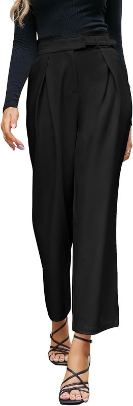 Photo 1 of JASAMBAC Women's Straight Leg Pants High Waist Pleated Business Long Trousers Lounge Slacks with Pockets Regular Size Black M
