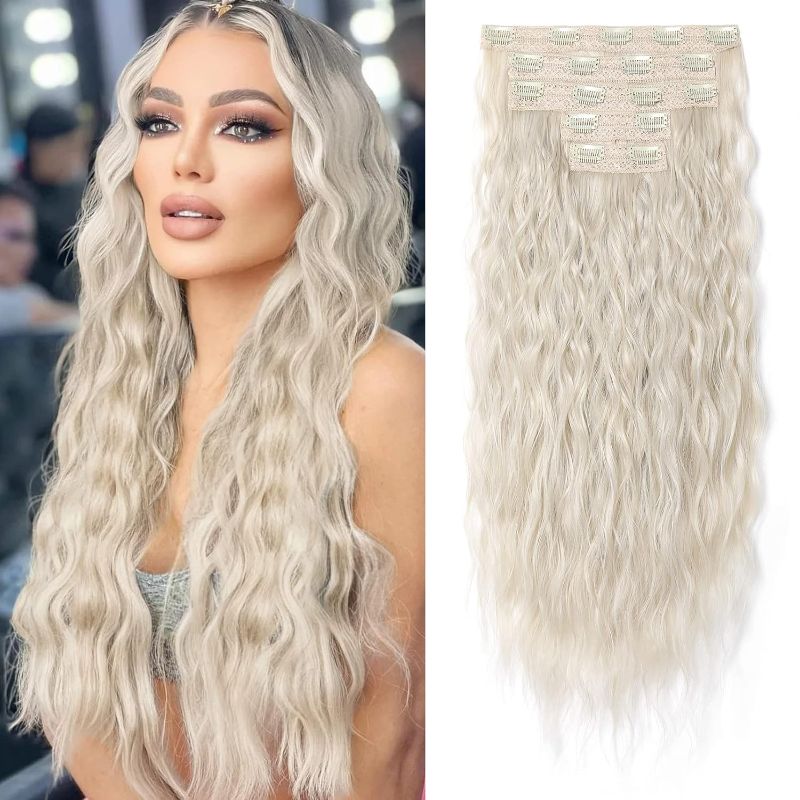 Photo 1 of Hair Extensions, REECHO Blonde Clip in Hair Extensions 24" Thick Long Loose Waves hair extensions HE002 Invisible Lace Weft Natural Soft Hairpieces for Women – Platinum Blonde
