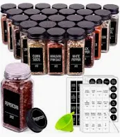 Photo 1 of 25 Spice Jars with 547 Labels- Glass Spice Jars with Black Metal Caps, 4oz Empty Spice Containers with Shaker Lids, Funnel, Chalk Pen, Churboro Square Seasoning Bottles for Spice Rack, Drawer, Cabinet