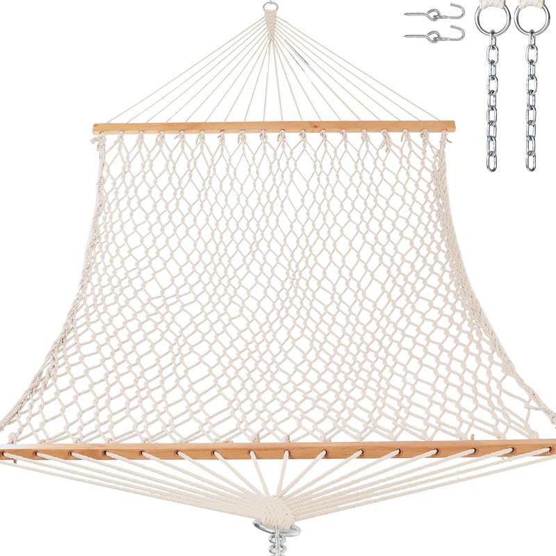 Photo 1 of 12ft Double Hammocks, Handwoven Traditional Cotton Rope Hammock with Hardwood Spreader Bar, Chains and Hooks for Indoor Outdoor, Max 450 lbs Capacity (Beige, Full)