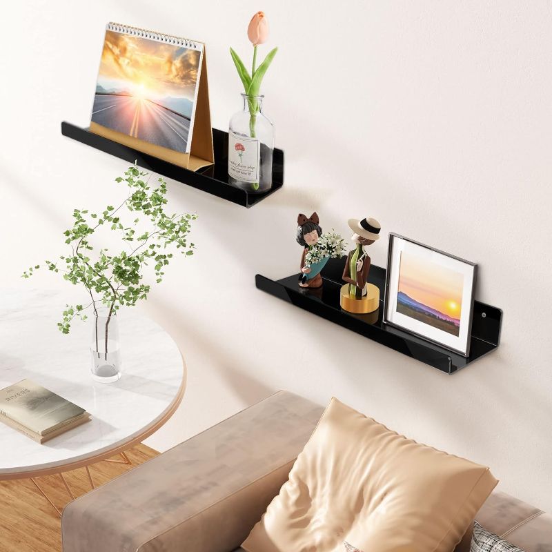 Photo 1 of 2 Pack Shelves for Wall Storage, 15" Floating Bookshelves for Kids, Display Shelf Organizer for Bathroom, Bedroom, Living Room, Kitchen, Room Decor, Black