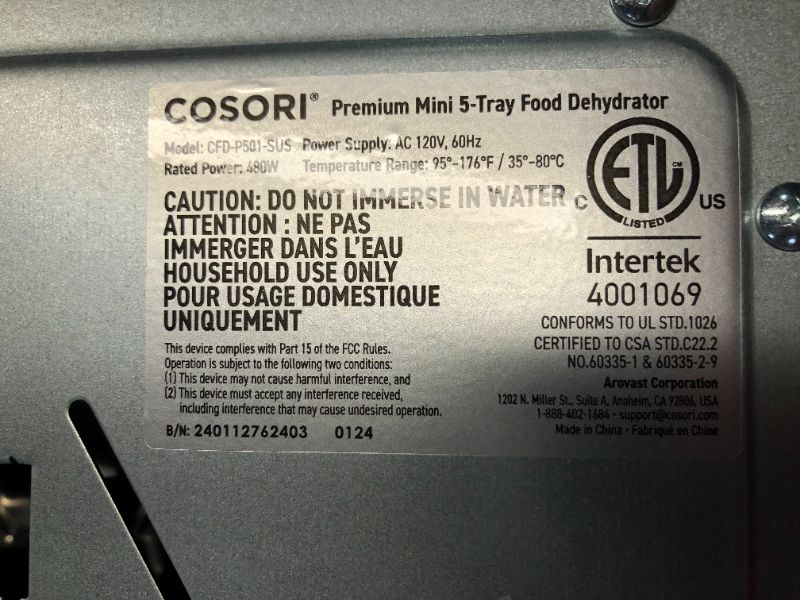 Photo 5 of ***USED/DIRTY - SCRATCHED/DENTED - POWERS ON - UNABLE TO TEST FURTHER***
COSORI Food Dehydrator for Jerky, 176°F Temperature Control, 5 Stainless Steel Trays Dryer Machine, 4 Presets, 48H Timer, for Dog Treats, Meat, Fruit, Veggies, Snacks, Recipe Book In