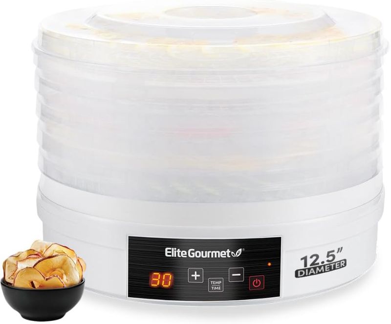 Photo 1 of Elite Gourmet EFD770WD Digital Food Dehydrator with 5x12.5” BPA Free Trays, Adjustable 48-hr Timer and Temperature from 95~158F, Jerky, Herbs, Fruit, Veggies, Dried Snacks, White
