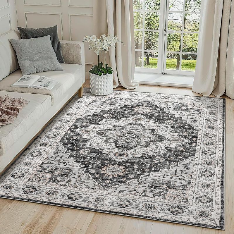 Photo 1 of Washable Rug 8x10 Area Rugs 8x10 Rugs for Living Room, Stain Resistant Large Area Rug, Non-Slip Backing Rugs for Bedroom, Kitchen, Printed Vintage Floral Carpet(8x10,Grey)
