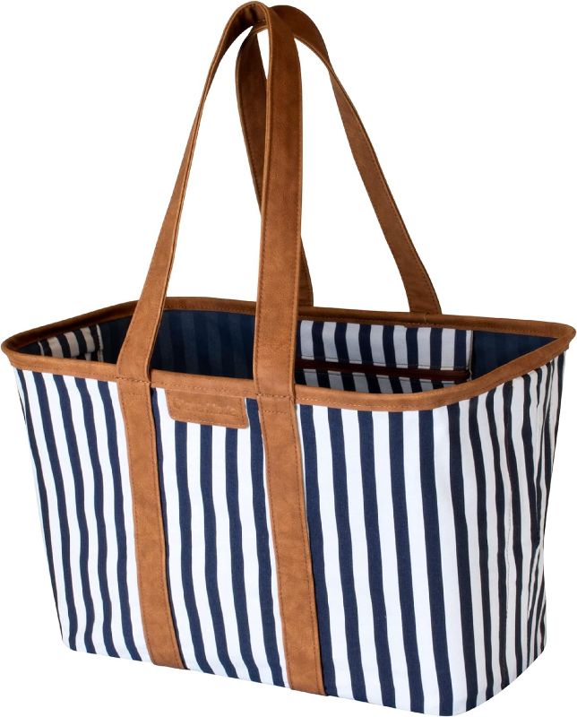 Photo 1 of CleverMade Collapsible LUXE Tote, Navy Striped - 30L (8 Gal) Structured Tote Bag with Handles and Reinforced Bottom - Reusable Grocery Bag, Shopping Bag, Utility Tote Bag
