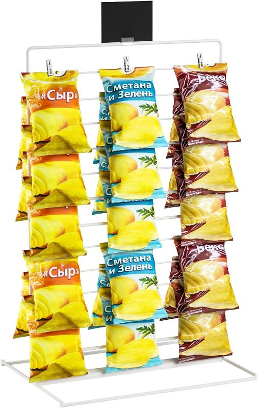 Photo 1 of Potato Chip Display Rack, Snack Holder for Bags, Countertop Chip Bag Organizer Candy Cart Holder - Metal Stand with 60 Clips Perfect Chip Rack Display for Parties and Retail
