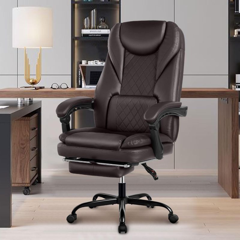 Photo 1 of Executive Office Chair, Big and Tall Office Chair with Foot Rest Reclining Leather Chair High Back Home Office Desk Chair with Lumbar Support Ergonomic Office Chair with Padded Armrest(Coffee)