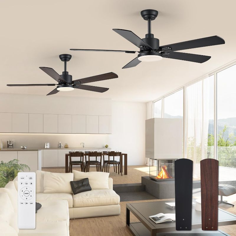 Photo 1 of 2 Pack 52" Ceiling Fans with Lights, Black Modern Ceiling Fan with Remote, Farmhouse Indoor & Outdoor Ceiling Fan with Dual Finish Blades, Quiet & Strong Motor, Bright LED Light.