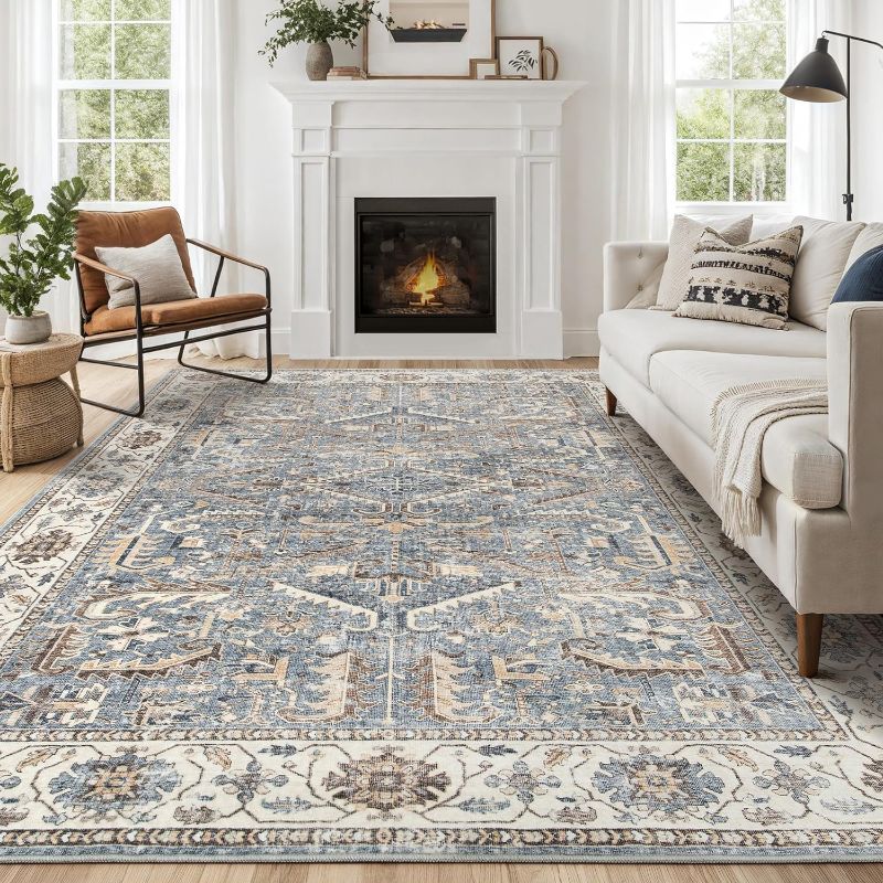 Photo 2 of 9x12 Area Rug for Living Room - Large Washable Soft Traditional Distressed Tribal Rug for Bedroom, Dining Room and Home Office, Thin and Foldable Farmhouse Boho Indoor Floor Carpet Rugs - Blue Multi