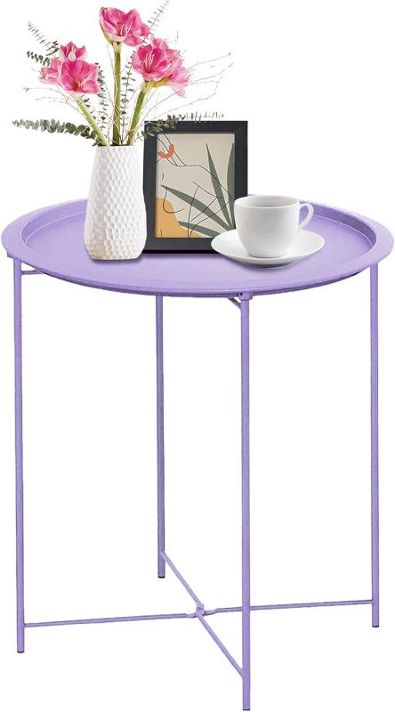 Photo 1 of Garden 4 you End Table Metal Side Table Purple Round Folding Tray Cyan Sofa Small Accent Fold-able Table, Round End Table Tray, Next to Sofa Table, Snack Table for Living Room and Bed Room
