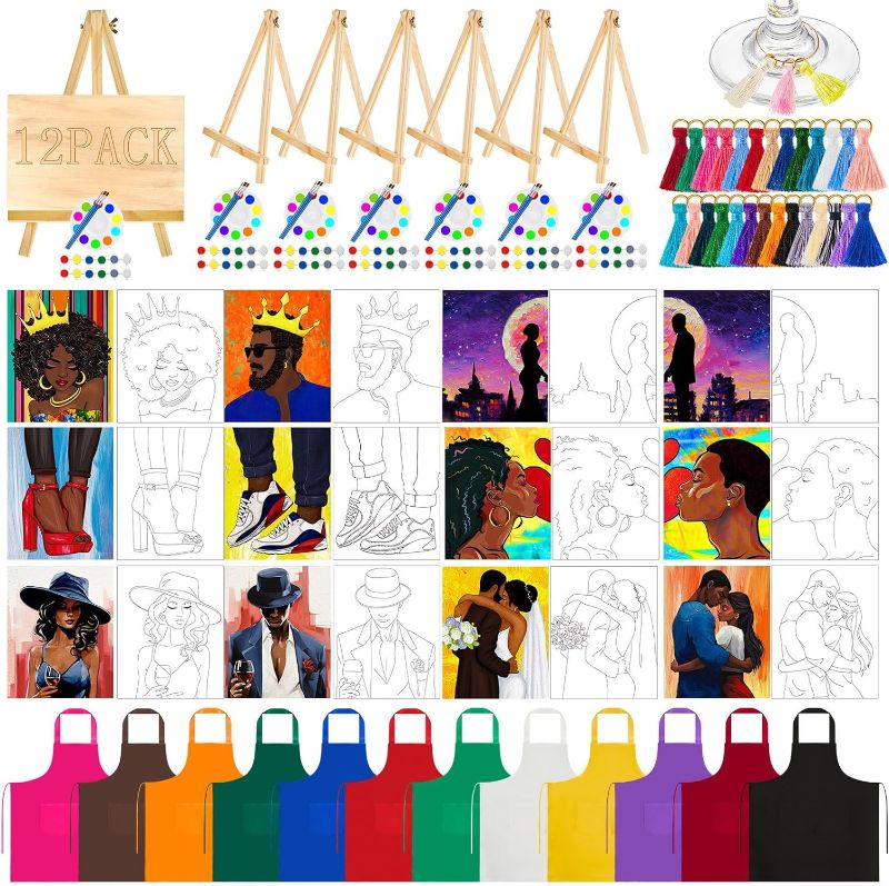 Photo 1 of 12 Sets Sip and Paint Kit Pre Drawn Canvas Afro King Queen Canvas Painting Set Pre Drawn Stretch Canvas Kit for Painting (Afro Girl Style)