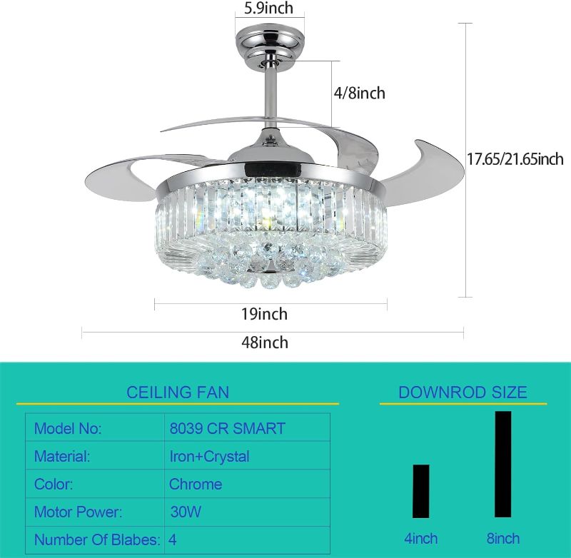 Photo 4 of (NON-REFUNDABLE) Teracfan 48" Crystal Ceiling Fan with Lights and Speaker,Chrome Retractable Ceiling Fans with Remote Control Bluetooth,RGB Fandelier Chandelier Fan with 6-Speed Reversible Blades,APP Control Matte Silver Crystal+Bluetooth