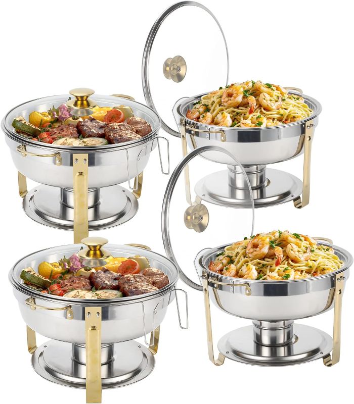 Photo 1 of 5 Qt Chafing Dish Buffet Set with Visible Glass Lid and Holder, Gold, 4 Pack
