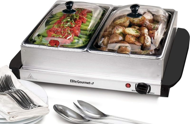 Photo 1 of Elite Gourmet EWM-6122 Dual 2 x 2.5 Qt. Trays, Buffet Server, Food Warmer Temperature Control, Clear Slotted Lids, Perfect for Parties, Entertaining & Holidays, 5 Qt Total, Stainless Steel
