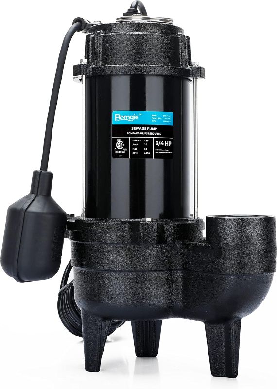 Photo 1 of 3/4 HP Sewage/Effluent Grinder Pump, 6400 GPH Submersible Basement Sewer Pump with 10ft Auto Float Switch, Cast Iron Sump Ejector Pump, 2'' NPT for Sewage Basin, 120V
