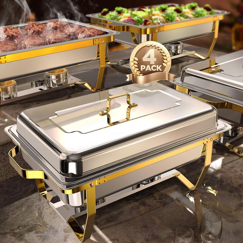 Photo 1 of Chafing Dishes for Buffet 4 pack, 8QT [Elegant Gold and Silver Colors] Stainless Steel Chafing Dish Buffet Set [Sturdy and High Grade] Chafers and Buffet Warmers Sets for Any Party with Complete Set
