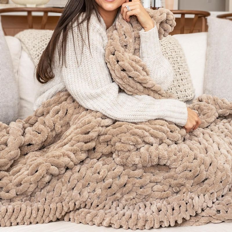 Photo 1 of SAMIAH LUXE - Chunky Knit Blanket - Queen Size Brown Knitted Throw Blanket Cozy Soft Throw Blanket, Large Chunky Knit Throw, Thick Knitted Blanket, Perfect for Boho Decor - Sandstone, 50x60
