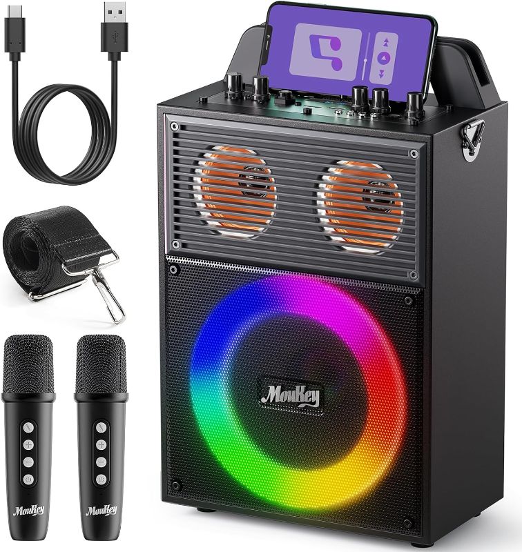 Photo 1 of Moukey Karaoke Machine for Adults Kids Portable PA System Bluetooth Karaoke Speaker with 2 Wireless Microphones Party Speaker with Disco Light TWS/AUX/USB/TF/FM Echo/Treble/Bass Adjustment - MPS4 Gray
